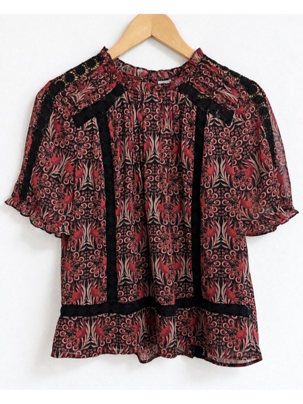 Daniel Rainn Anthropologie Tina Peacock Print Boho Blouse Burgundy Women’s S - Picture 2 of 10